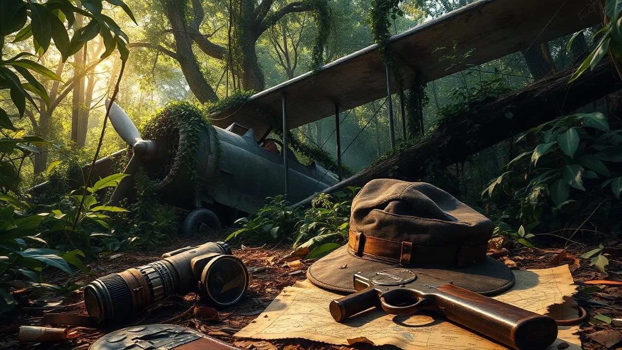 create a cinematic adventure painting, abandoned biplane swallowed by dense jungle vines, sunlight breaking through canopy, on the ground lie weathered relics: scratched binoculars, cracked goggles, tattered leather pilot’s hat, worn map with torn edges, rusty pistol, all aged and battered, dramatic mysterious energy --ar 16:9 --v 7 --stylize 1500