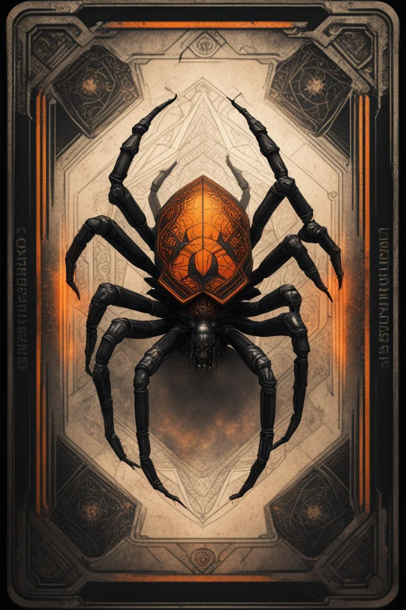 sacred geometry framed playing card, black and orange minotaur spider with shadows boss card in the style of Giger and fallout 4 ,,bokeh like f/0.8, tilt-shift lens 8k, high detail, smooth render, down-light, unreal engine