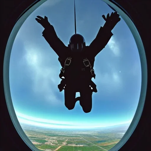 a lone skydiver crouched at airplane door, ground and clouds below, ready to jump, 8k resolution, high-quality, fine-detail, iridescent, intricate, digital art, detailed matte, volumetric lighting, illustration, 3D octane render, brian froud, howard lyon, selina french, anna dittmann, annie stokes, lisa parker, greg rutowski, George Grie, Ben Goossens, Igor Morski