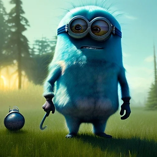 pixar style, volumetric summer apocalyptic environment and background, realistic painting of a mutant Minion, smiling, detailed digital painting, extreme dense and fine fur, anime, ornate, colour-washed colors, elegant, small minutiae, tiny features, particulars, centered, smooth, sharp focus, renderman gofur render, 8k, uhd, detailed eyes, realistic shaded volumetric lighting, sunlight caustics, backlight, centered camera view