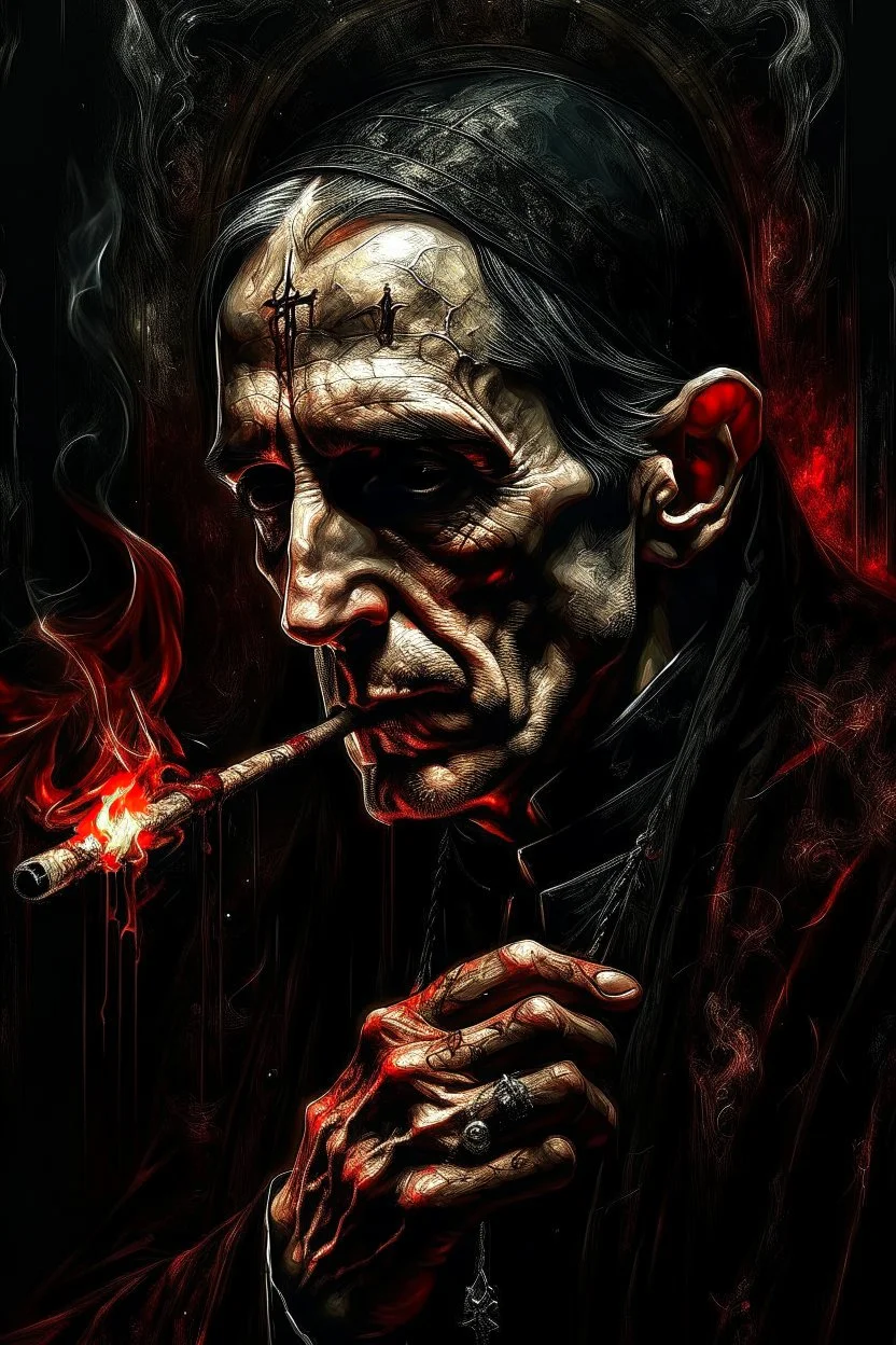 super close up view of an attractive but rugget looking gothic priest,he holds a burning sigarette while deep in thought , dark and somber vignette effect of lighting, style is dark and intense, with a blend of realism and abstraction. It uses a dramatic red and black color palette, textured brush strokes, and high contrast lighting to create a mysterious, haunting, and almost surreal atmosphere, highly detailed and realistic