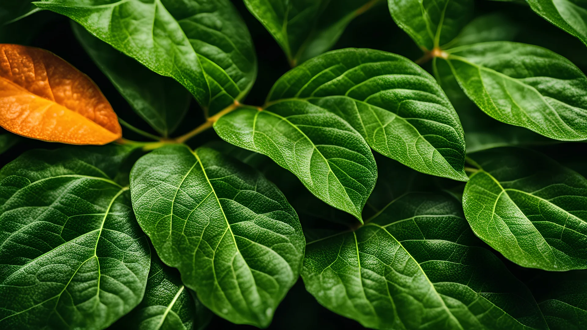 Close up of an orange tree leaf, high details,dark place