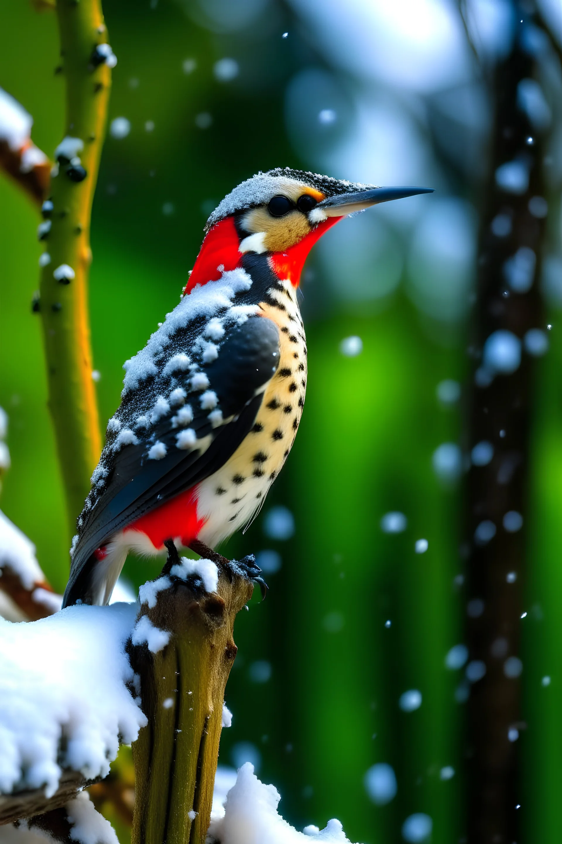 winter in Poland, the great spotted woodpecker taps the spruce with its beak