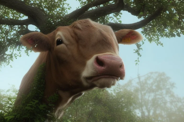 cow stuck in the top of a tree can not get down