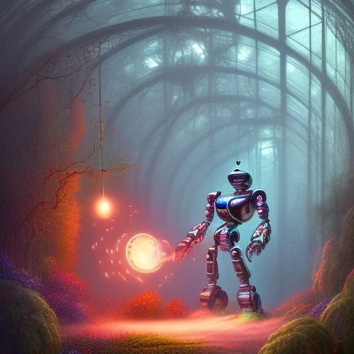 spray painting fantasy art, robot crashing through glass standing in portal to steamy forest world from dry desert world,poetry book illustration