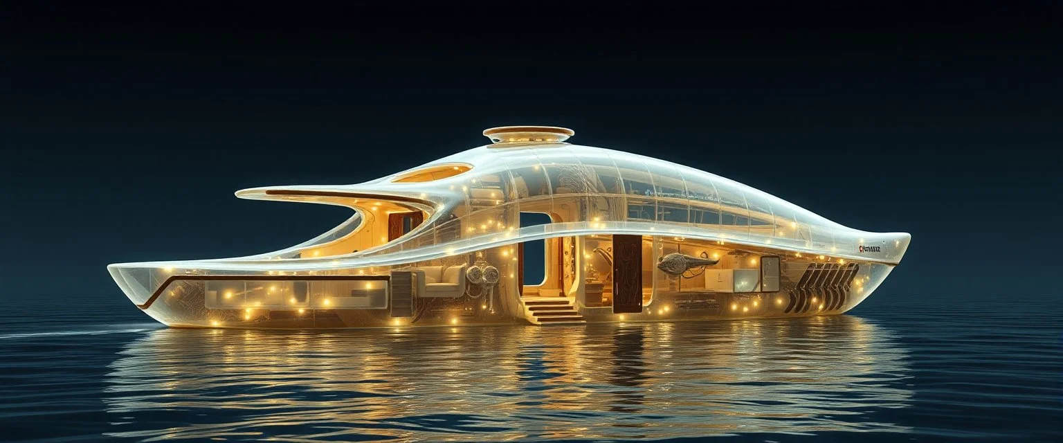 benign transparent superwood alien mega scifi katamaran boat with superwood draw bridge and wing doors
