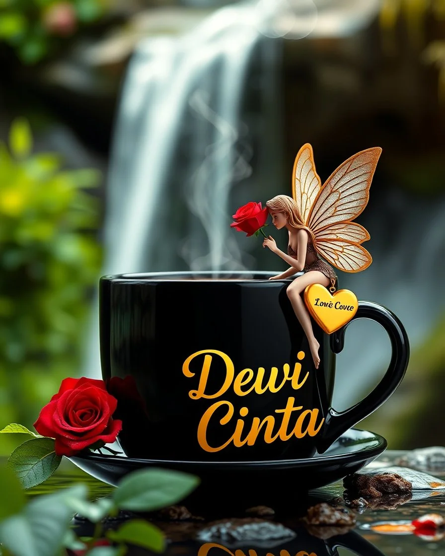 photorealism surrealistic image of a big black shiny coffee cup with steam, a beautiful fairy sitting near the cup and holding a red rose,and the text 'Dewi Cinta' in a trendy font. Add a golden heart with the word 'Dewi Cinta' written on it to enhance the love atmosphere. lush blurred background green waterfall greenery, ultra HD 64k studio hyperrealism lightning light reflection macro photography sharp focus