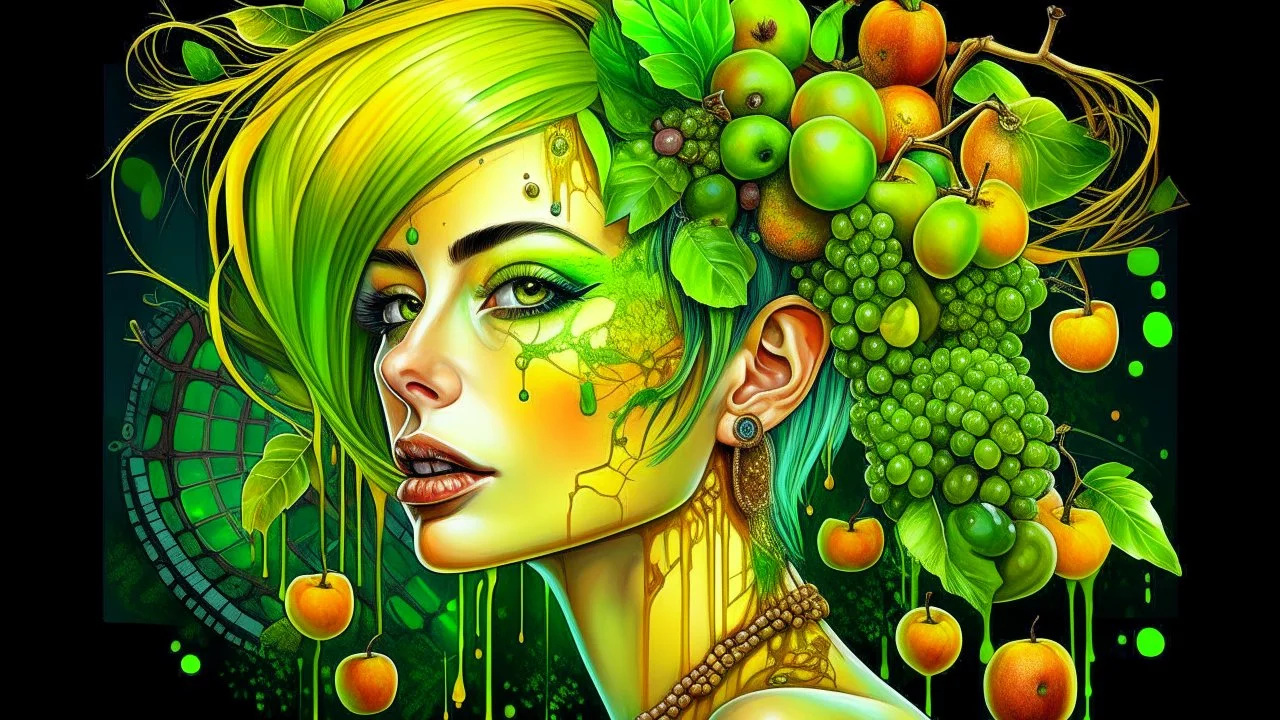 green background, Punk Woman 49 years old, hair made of Fruits, Grapes, tangerines, gold, gouache, watercolor, acrylic, paint drips, branches, fine drawing, golden makeup, bees, tattoo, alien, bright colors, fine drawing, double exposure , high detail, high resolution, 8K, 3D, bees,