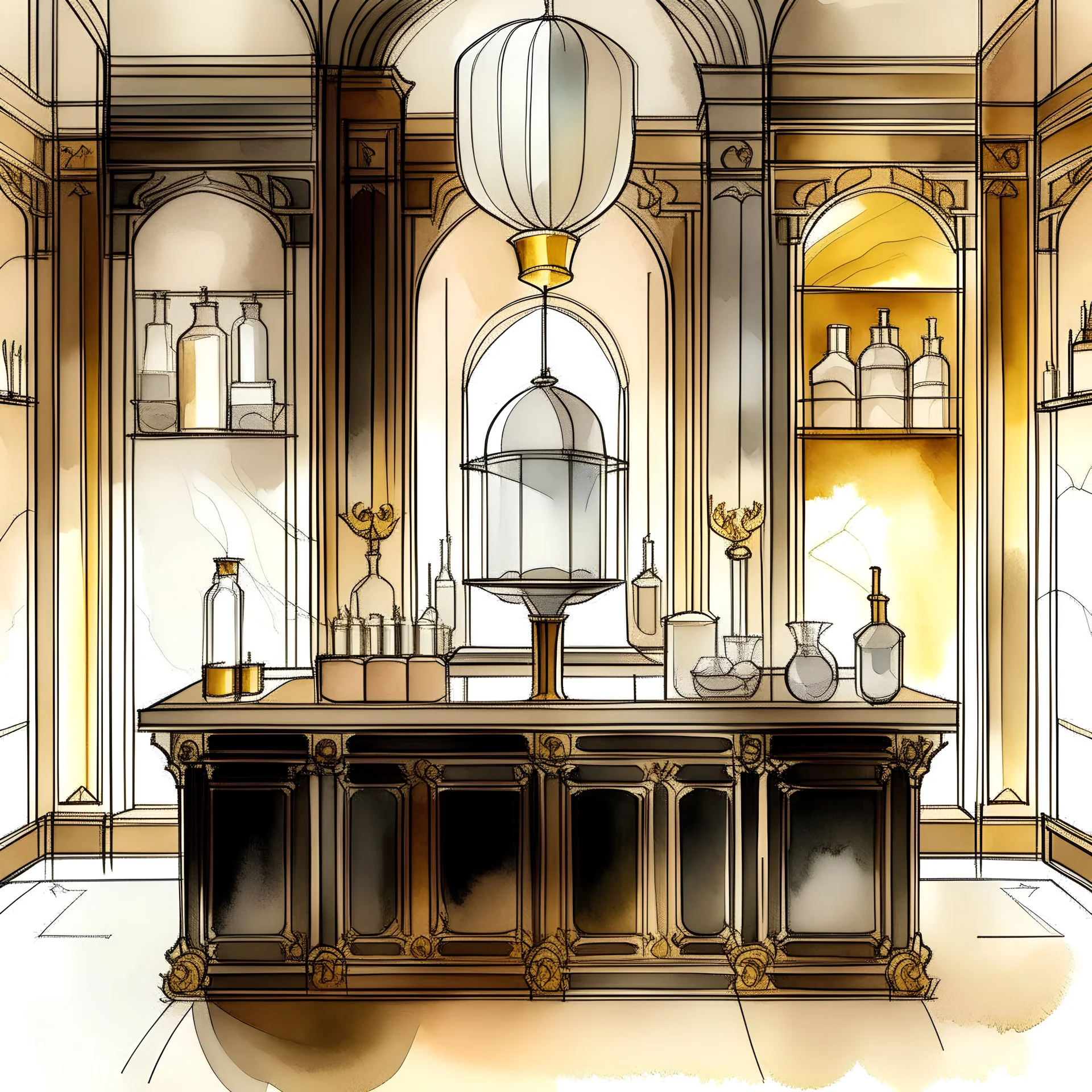 sketch of art deco style cocktail bar with realistic textures, very loose ink and soft watercolor washes