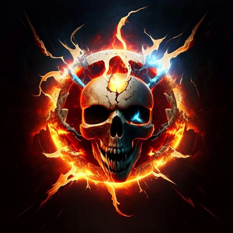 fiery fiery skull inside an ellipse and with lightning around it