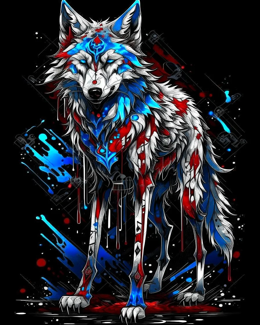 anthropomorphic wolf full body art illustration black background red, blue and white color