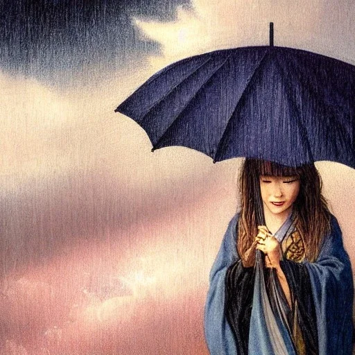 close view from behind of japanese girl holding bamboo unbrella and looking at a stormy sky, bamboo umbrella, rays of sunlight breaking through center of stormy sky, 8k, high-quality, ultrafine-detail, intricate, digital painting, brian froud, howard lyon, selina french, anna dittmann, annie stokes, Greg Rutowski