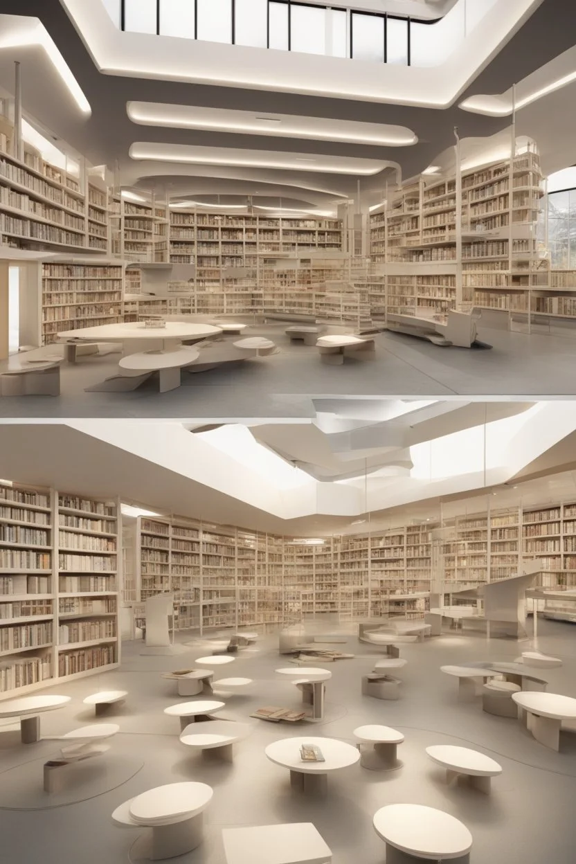 A modern library. Robotic book delivery, everything is automated. Cutting-edge library interior design. Everything is drawn in detail, in high resolution. 8k