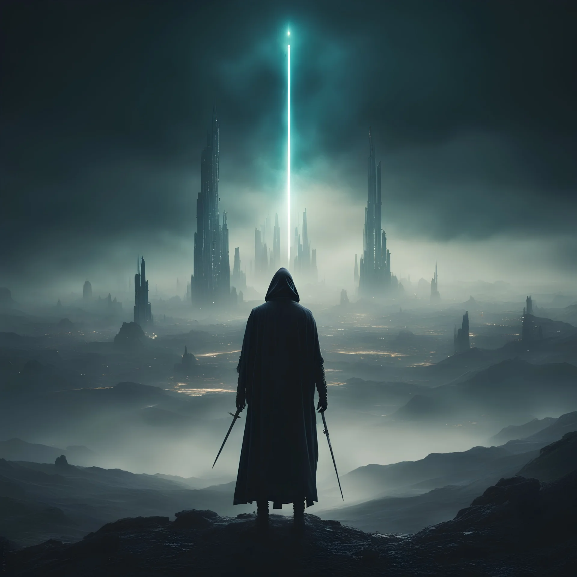 Dark oriental Sinister alien landscape. A futuristic city in the distance. Dark mist. Dark hooded Man with The powers of a god holding a glowing wand to the sky.
