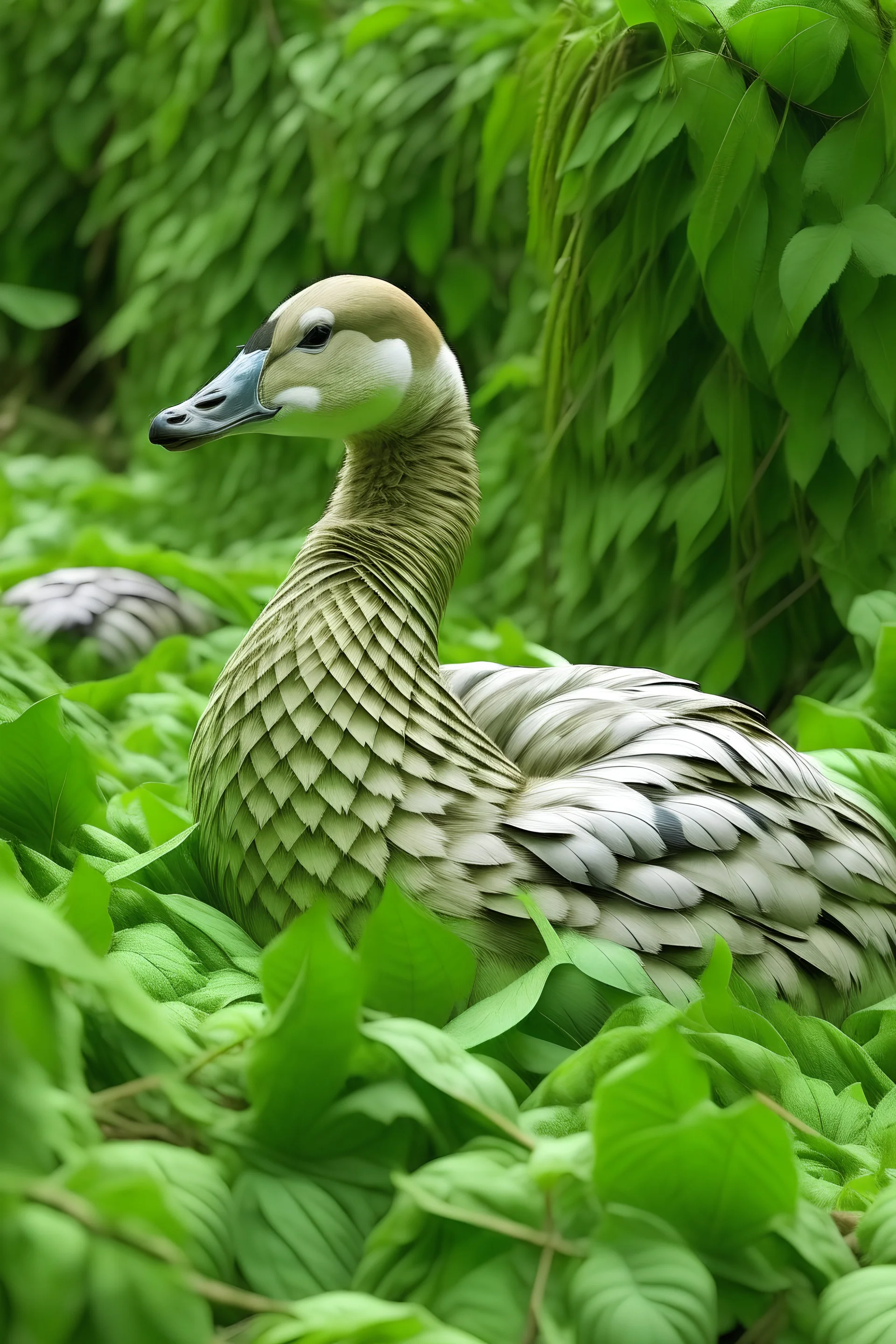 a goose wearing strings of mint plants as camoflauge