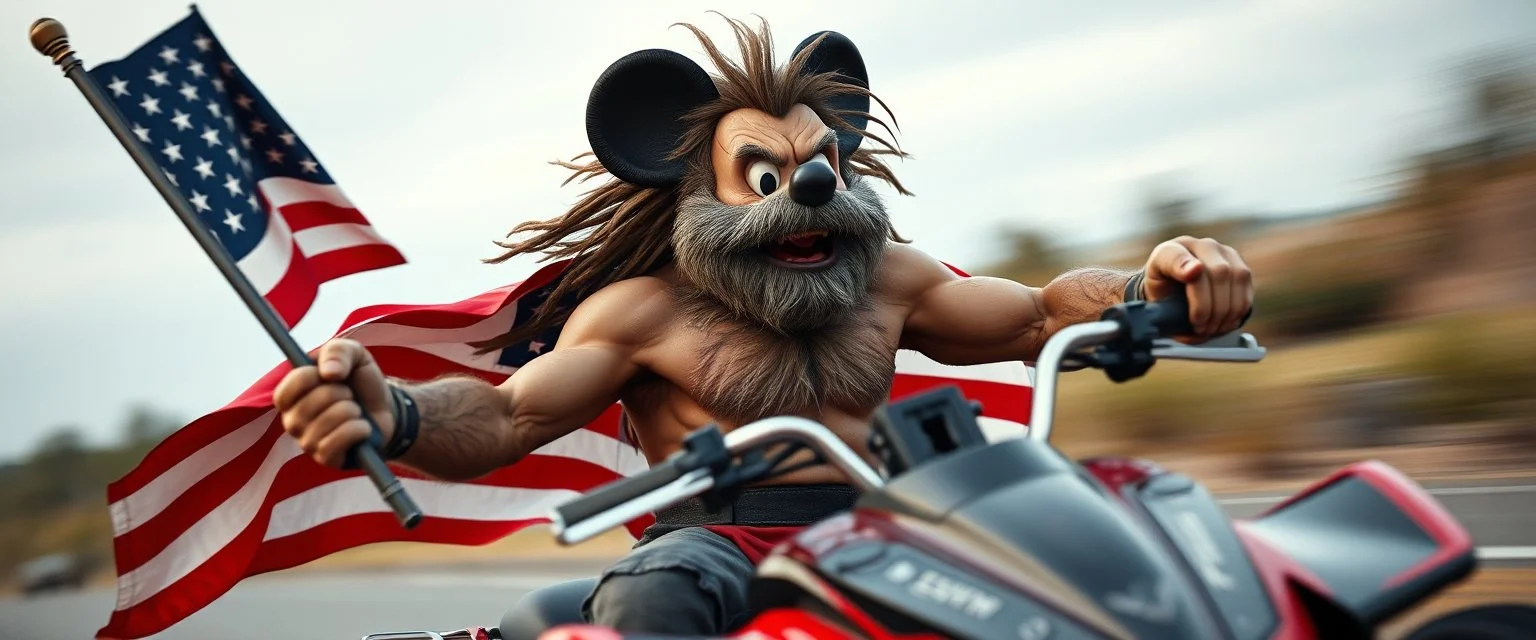 hi speed bad ass cyber punk masculine realistic mickey mouse rambo humanoid with hairy arms and chest, on quad, motion blurred background, holding american flag