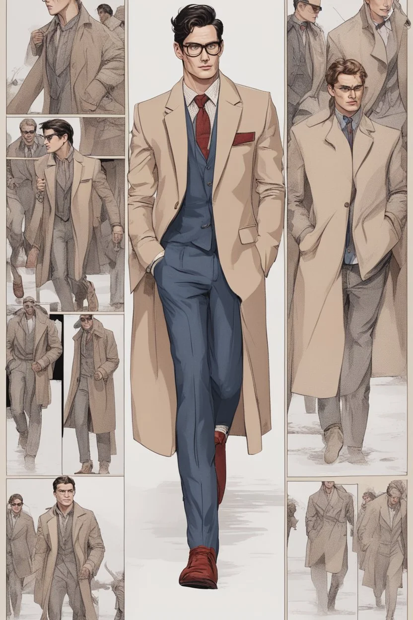 Clark kent on winter fashion runway with modern clothes inspired by Superman style clothes, embroidery elegant fashion beige tones