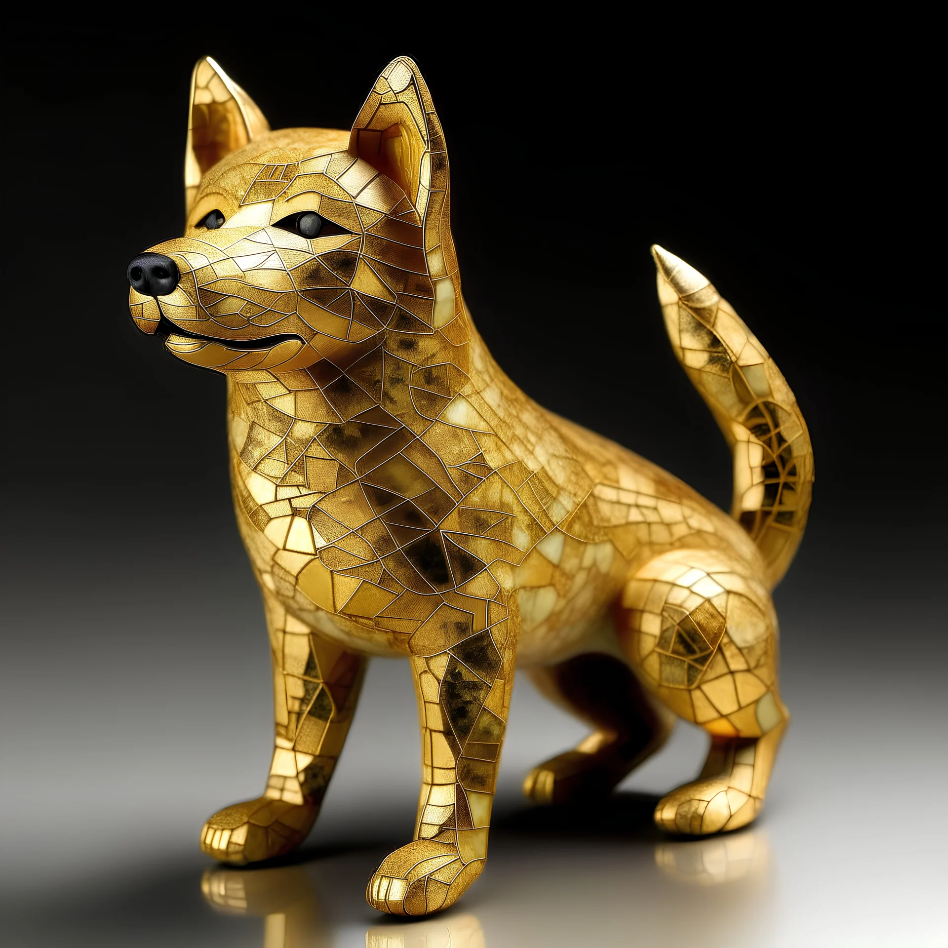 perro shiba de oro 18K fondo de mosaicos y simbolos de $