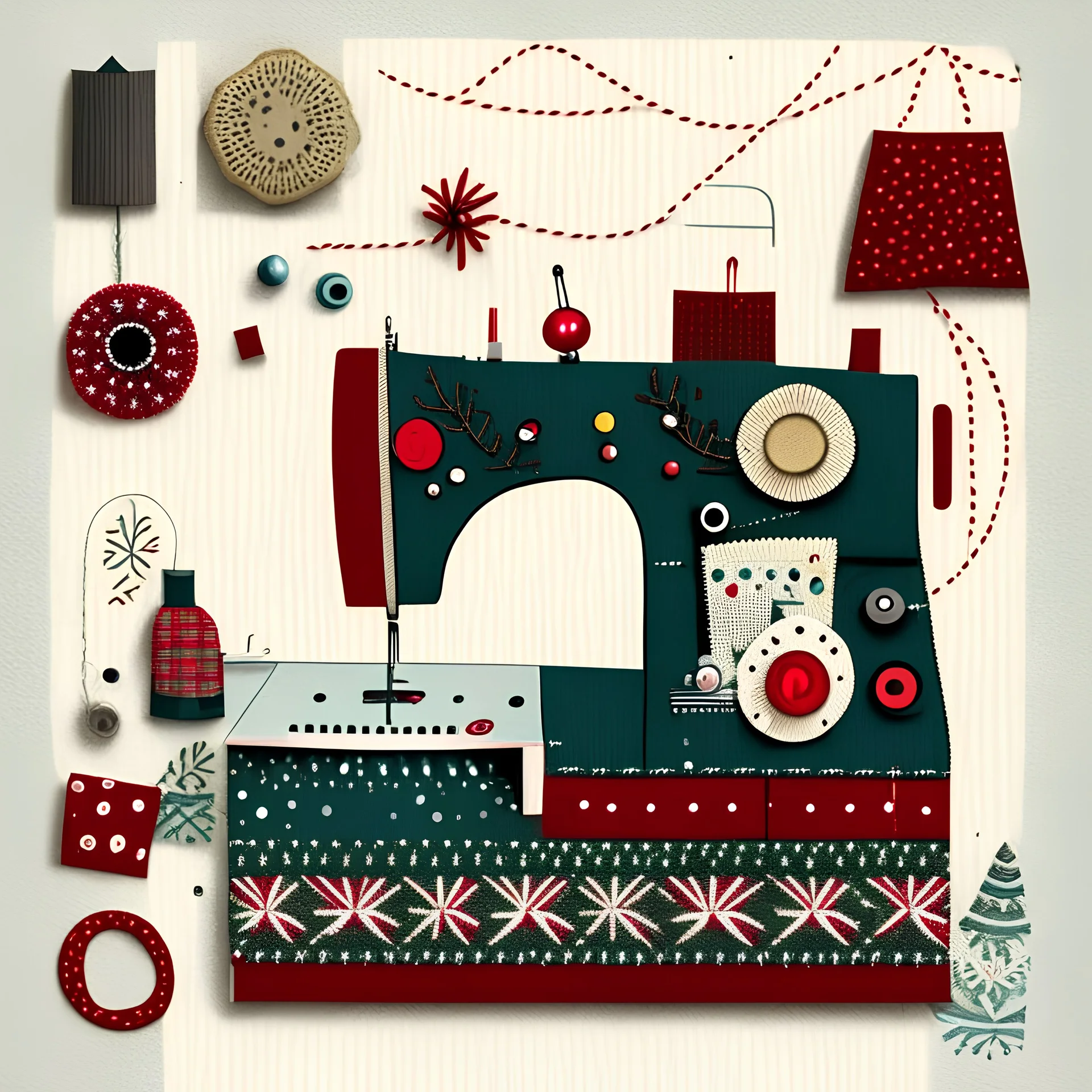 a Christmas card in a graphic style, a sewing machine made of tailoring accessories, threads, buttons.