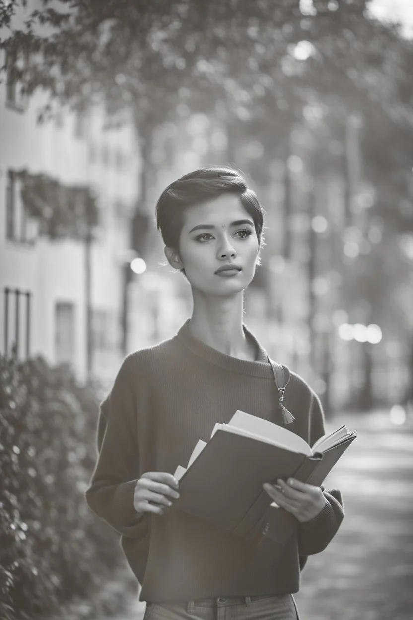 a student girl 22 years old ,short hair with her books in her hand walking in street,next to trees.