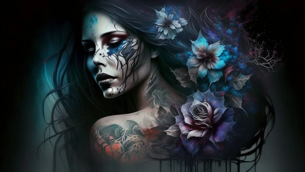 beautiful woman phantom, tattoo, flower, mysticism