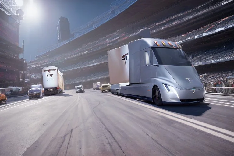 A Tesla 'Semi' (semi truck) is going at a high speed, inside the 'Yankee Stadium' in Manhattan. (CINEMATIC, WIDE ANGLE LENS, PHOTO REAL)