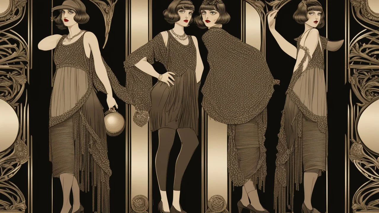 Full Body, Art Nouveau Woman With A Bob With A Fringe Hairstyle, 1920s flapper style Clothing, Steampunk, Black Background, photorealism