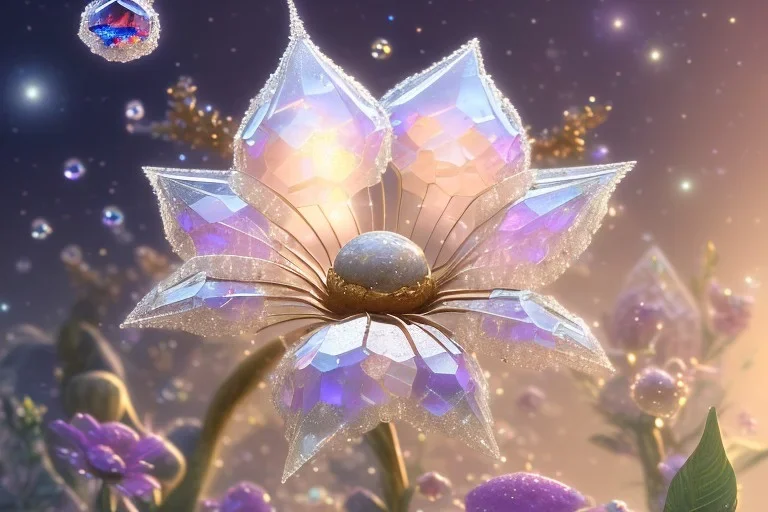 one big crystal subtle flower in a galactic ambiance above a very little beautiful fairy, transparent petals, delicate colors, in the foreground, full of details, smooth, bright sunshine，soft light atmosphere, light effect，vaporwave colorful, concept art, smooth, extremely sharp detail, finely tuned detail, ultra high definition, 8 k, unreal engine 5, ultra sharp focus