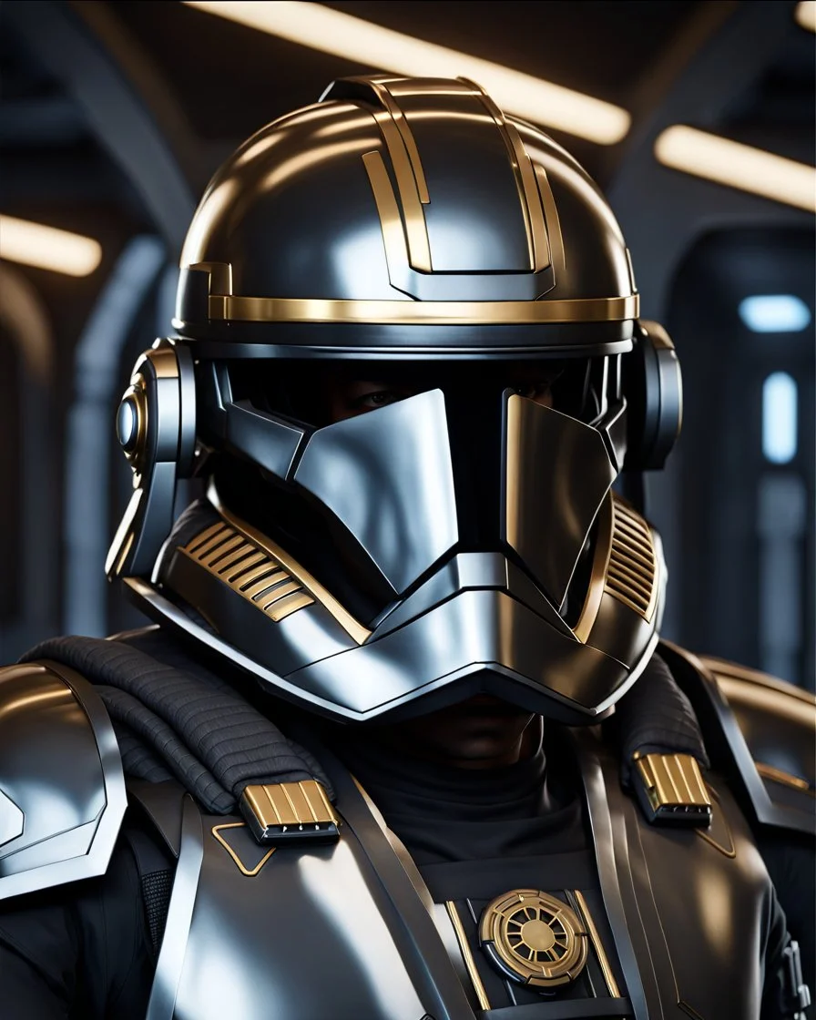 star wars bald male corellian pilot wearing pearlescent black and gunmetal grey First Order special forces armor and helmet with gold trim inside the jedi temple, centered head and shoulders portrait, hyperdetailed, dynamic lighting, hyperdetailed background, 8k resolution, volumetric lighting, light skin, fully symmetric details