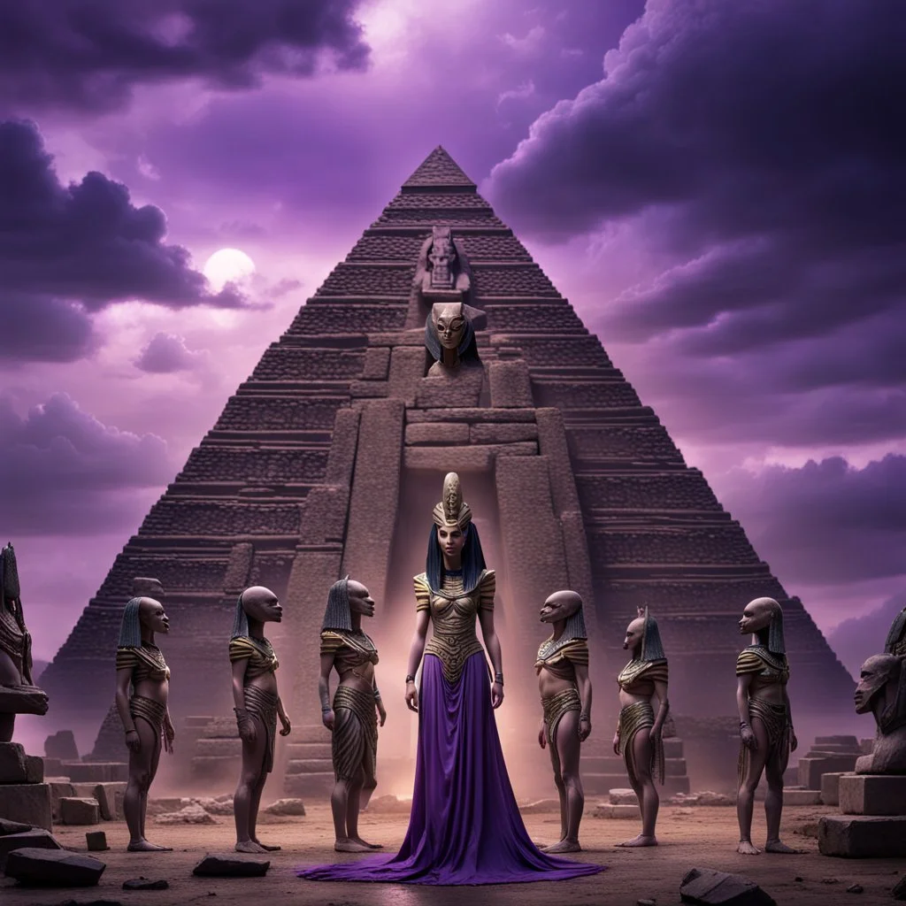 Hyper Realistic Beautiful-Alien-Cleopatra standing her prehistoric-pyramid with her alien-prehistoric-guards in-perfect-symmetrical-order & ancient ruins behind them with purple-cloudy-sky at dark-heavy-rainy-night giving dramatic & cinematic ambiance