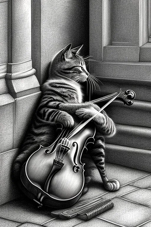 One single mature homeless cat sleeping in a corner on the street, violin case, Vienna, mourning, model style, hyper realistic, extremely accurate, delicate, extremely detailed, Graphic novel style, wide-angle, open aperture, superfine pencil