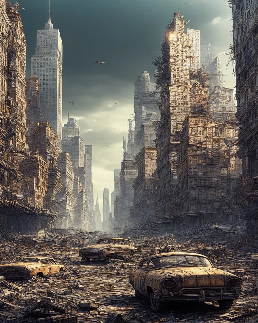 view of a futuristic New York in a post atomic catastrophic way, with lots of buildings in ruins, but still with the the status of liberty intact