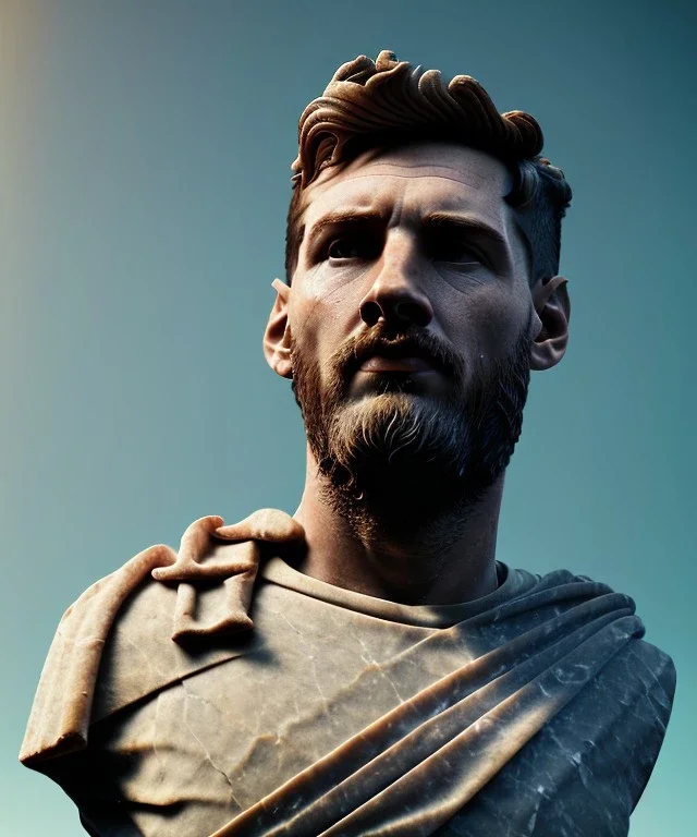 Gran angular, Realistic image, roman sculpture, marble material, Lionel Messi with Laurel wreath model, miguel angel style, emperador, God light, god rays, 4k resolution, perfect details, ornate details, soft lighting, unreal engine 5, soft cyan background.