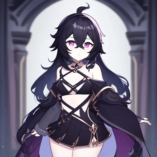 Clear focus, High resolution, rough line sketch art, long black hair, hair between eyes, fluffy hair, purple eyes, wearing a off shoulder shirt, no spaghetti strapes, dark aura, 1girl, wearing a skirt, genshin impact, wearing a little bit revealing outfit