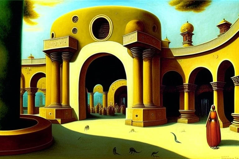 a round plaza, a Roman arcade with arches curved around it, by artist "Leonora Carrington"