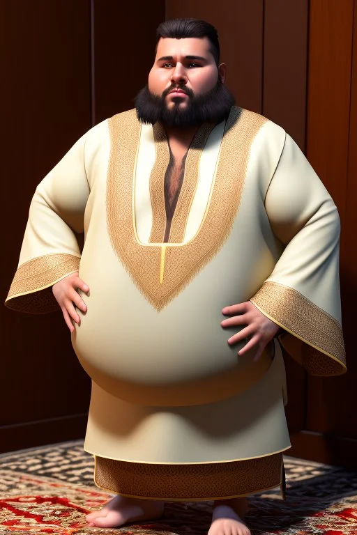 close up photography of a Burly arab 26 year old stocky short chubby man on his knees, short beard, dressed in an brown economic traditional caftan with pants and sandals, photorealistic, ambient occlusion, in a simple living room, ambient occlusion, side view from the bottom