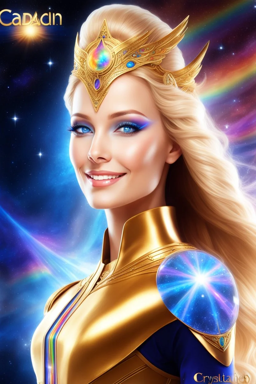 cosmic woman angels smile,admiral high ufo commander from the future, one fine whole face, crystalline skin, expressive blue eyes,rainbow, smiling lips, very nice smile, costume rainbow pleiadian, Beautiful tall woman pleiadian Galactic commander, ship, perfect datailed golden galactic suit, high rank, long blond hair, hand whit five perfect detailed finger, amazing big blue eyes, smilling mouth, high drfinition lips, cosmic happiness, bright colors rainbow, blue, pink, gold, jewels, realist,8k