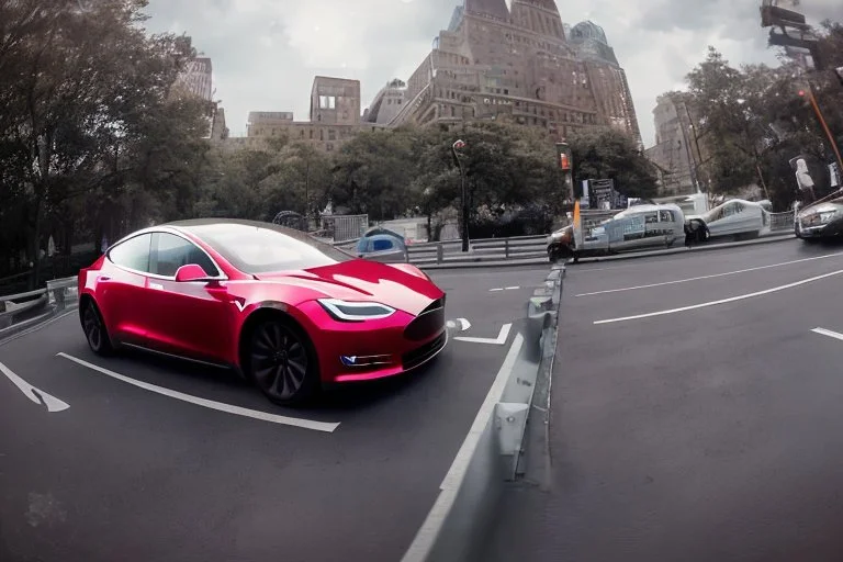 A Tesla 'Model 3' is drifting at top speed, near the 'Statue of Liberty' in New York. CINEMATIC. WIDE ANGLE LENS. PHOTO REAL.