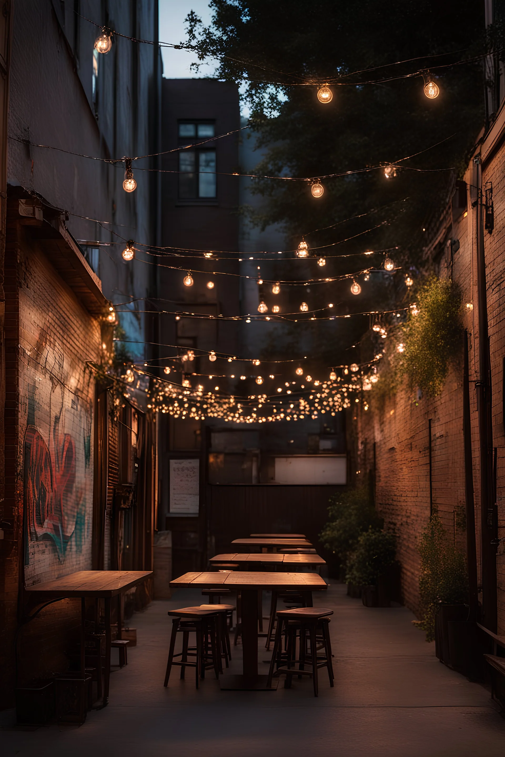 A trendy urban alleyway at dusk, with graffiti art, vintage storefronts, cozy cafes with outdoor seating, and string lights creating a magical and inviting ambiance.