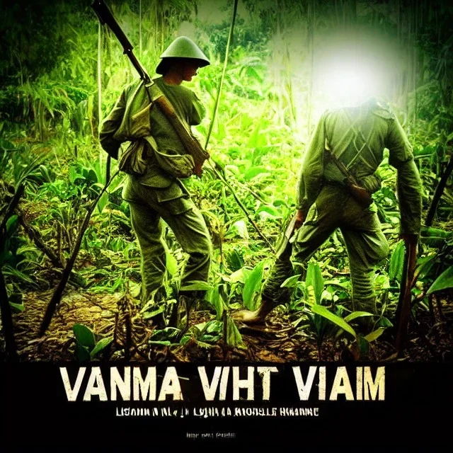 vietnam war. jungle. cd cover. bokeh. lens flare. warm lights. high detailed