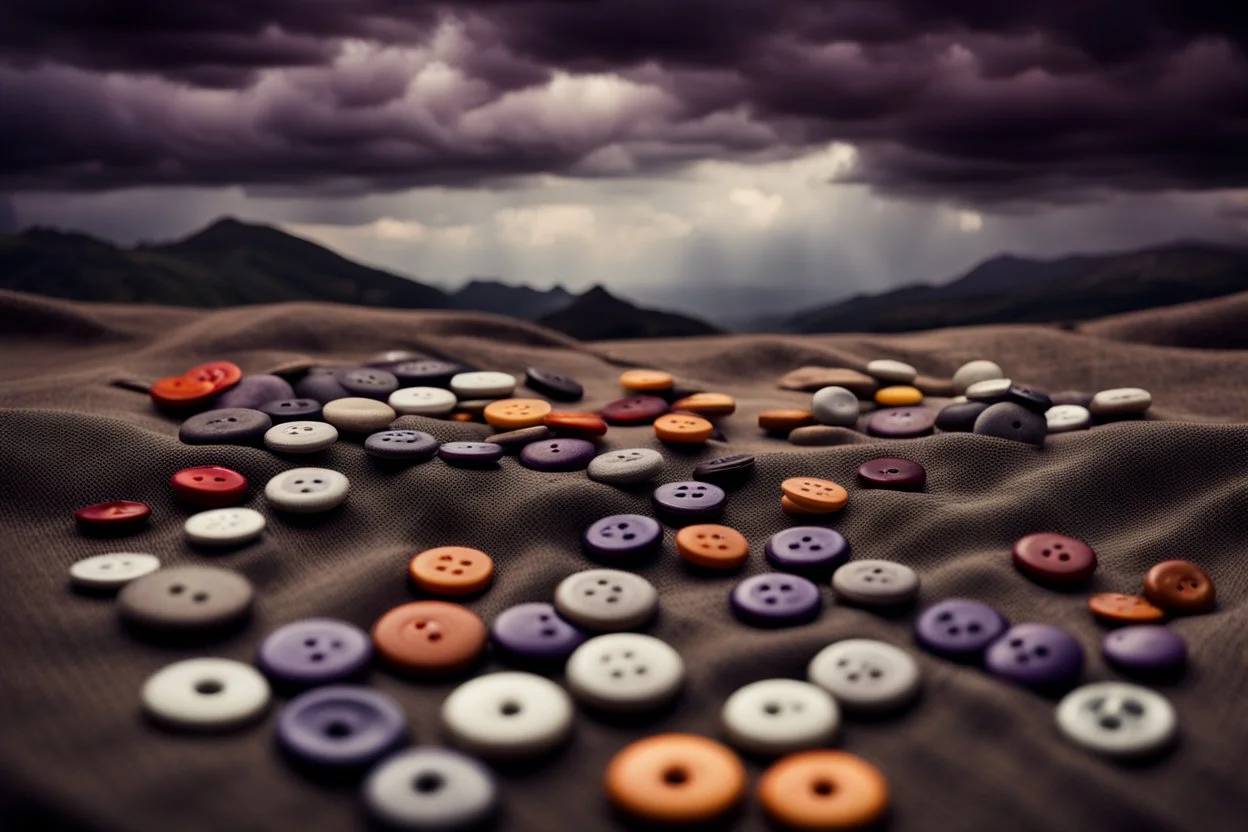 stunning stormy landscape with many little and big old linen buttons,abstract,minimalism fine lines geometric, rustic canvas, brown, purple, dark red , orange and black, deep colours, fantasy, high detailed, sharp focus, stunning, nice, masterpeace