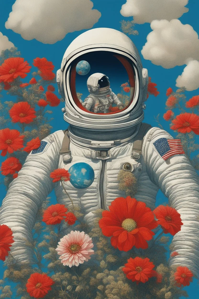 cloud in blue sky, a red lip, collage art, dreamy objects, surreal, criterion collection, showa era, intricate details, mirror modern NASA astronaut wearing a space suit on a planet made of flowers