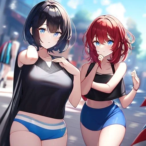 Clear focus,High resolution, Black short fluffy hair, and blue eyes, wearing a blue crop top sleeveless, wearing a red cut sleeve, wearing a black shirt, wearing long white socks