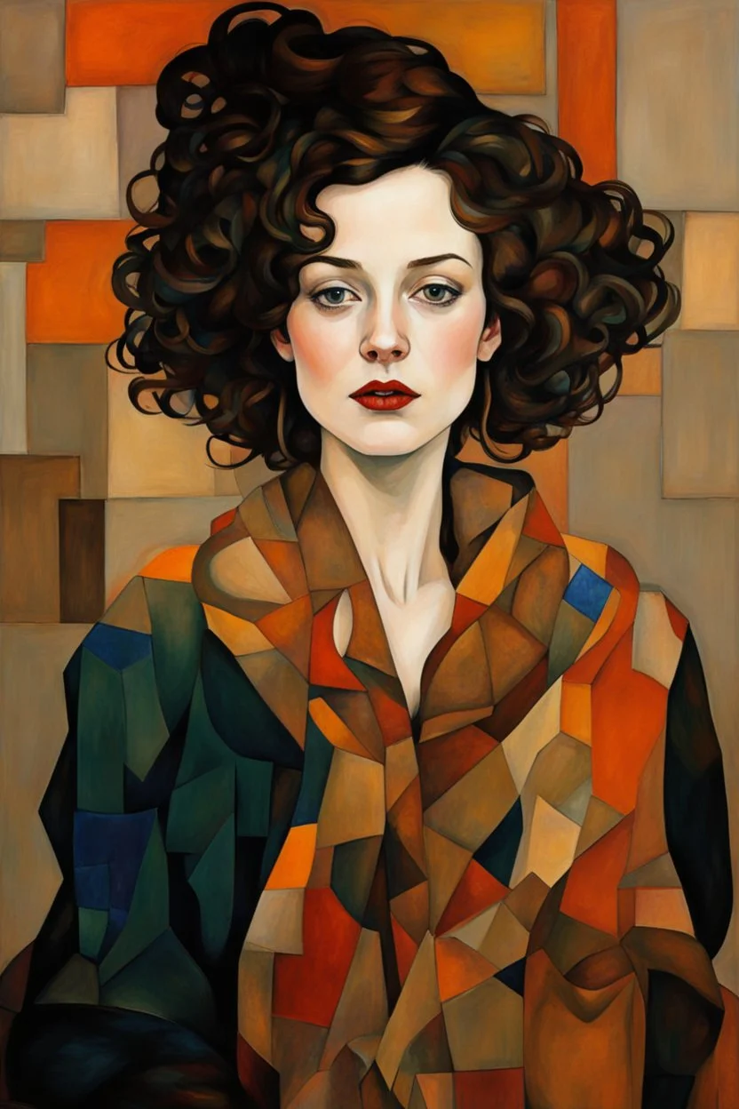 Woman in the style of argon Schiele + Gustav Klimt. Rich, lovely colors, cubism style