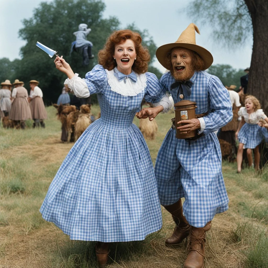 [high res photo by Jill Freedman] Dorothy Gale in her blue Gingham dress attacks the Scarecrow with a zippo lighter, a flying saucer in the background