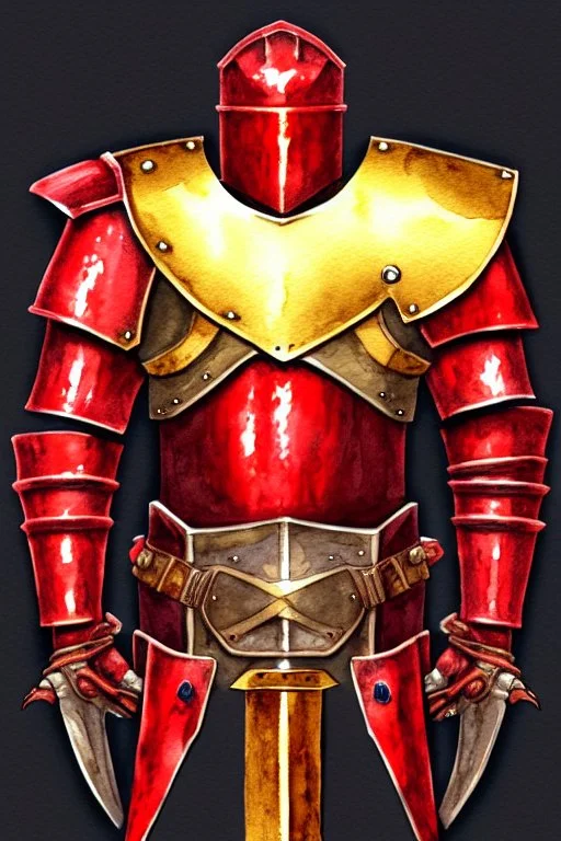 dnd, fantasy, watercolour, illustration, portrait, red phantom, knight, red plate armour, all red, transparent, veins of golden light in the armour