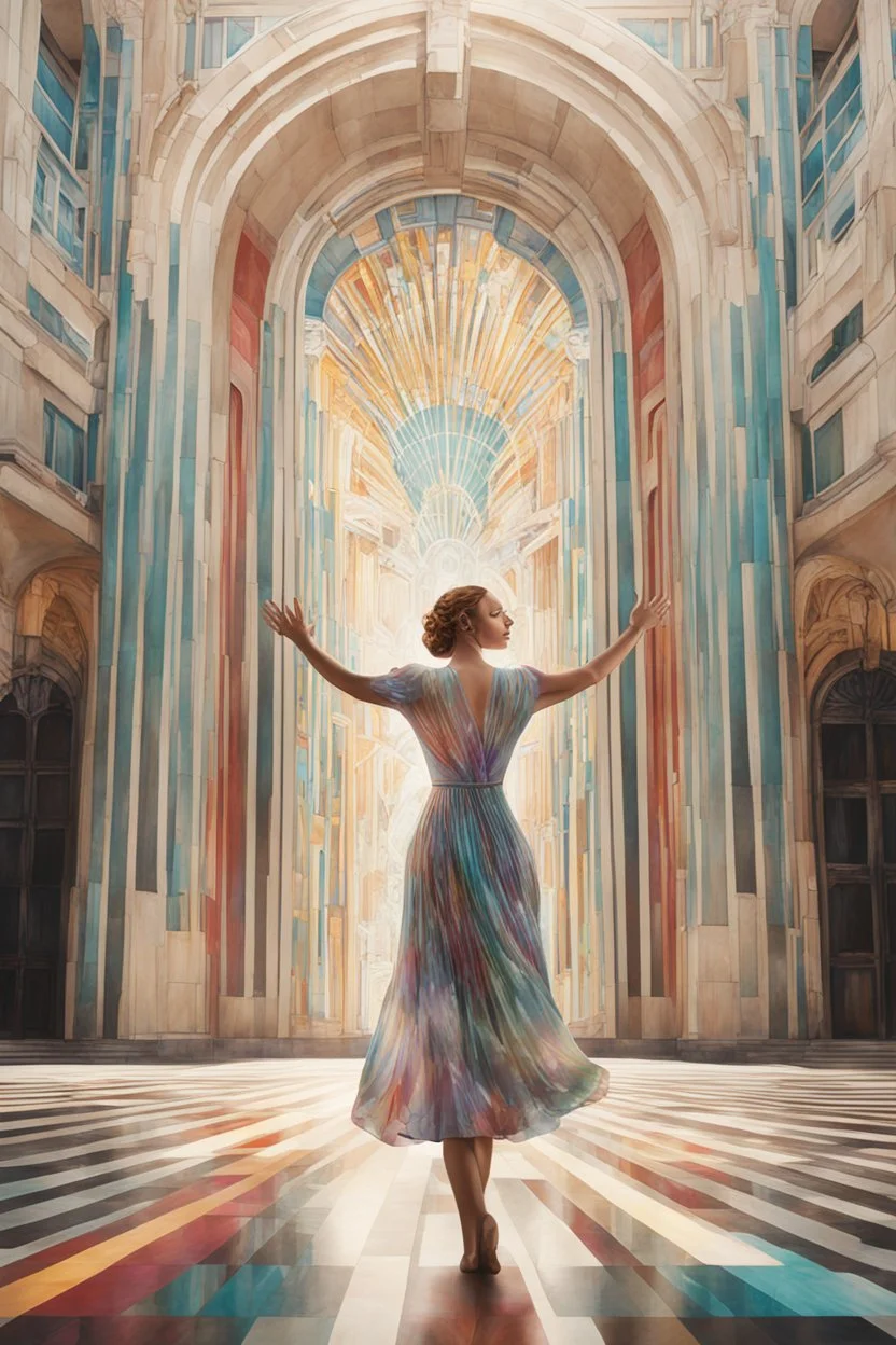 Photorealistic young woman in a dress, standing, with arms raised, looking at the front of an art deco building at midday, with coloured auras swirling around her