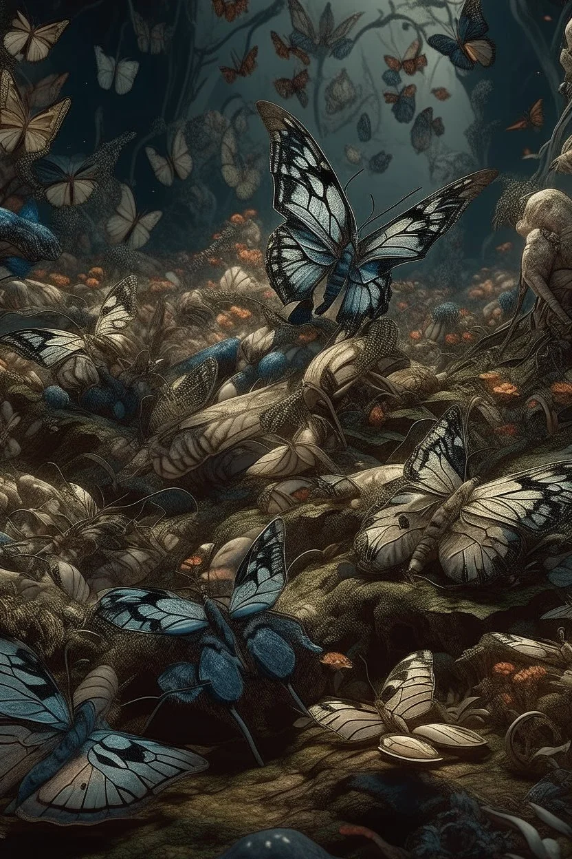 Bosch nightmares paint inf style Title: "Butterflies, farm, snakes and Flowers" Butterflies,intricate insanely detailed octane render trending on artstation, 8k artistic photography, photorealistic concept art, soft natural volumetric cinematic perfect light, chiaroscuro, award-winning photograph, masterpiece, oil on canvas, Raphael, Caravaggio, Greg Rutkowski, people, beksinski, Giger