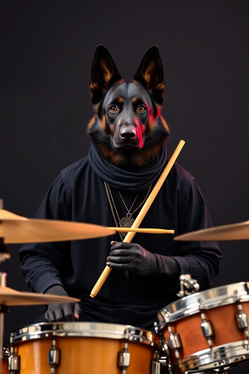 Portrait of a dark german shepherd dark skin male wearing a black clothes with full human body and holding a shepherd drums sticks and sitting behind a drums set