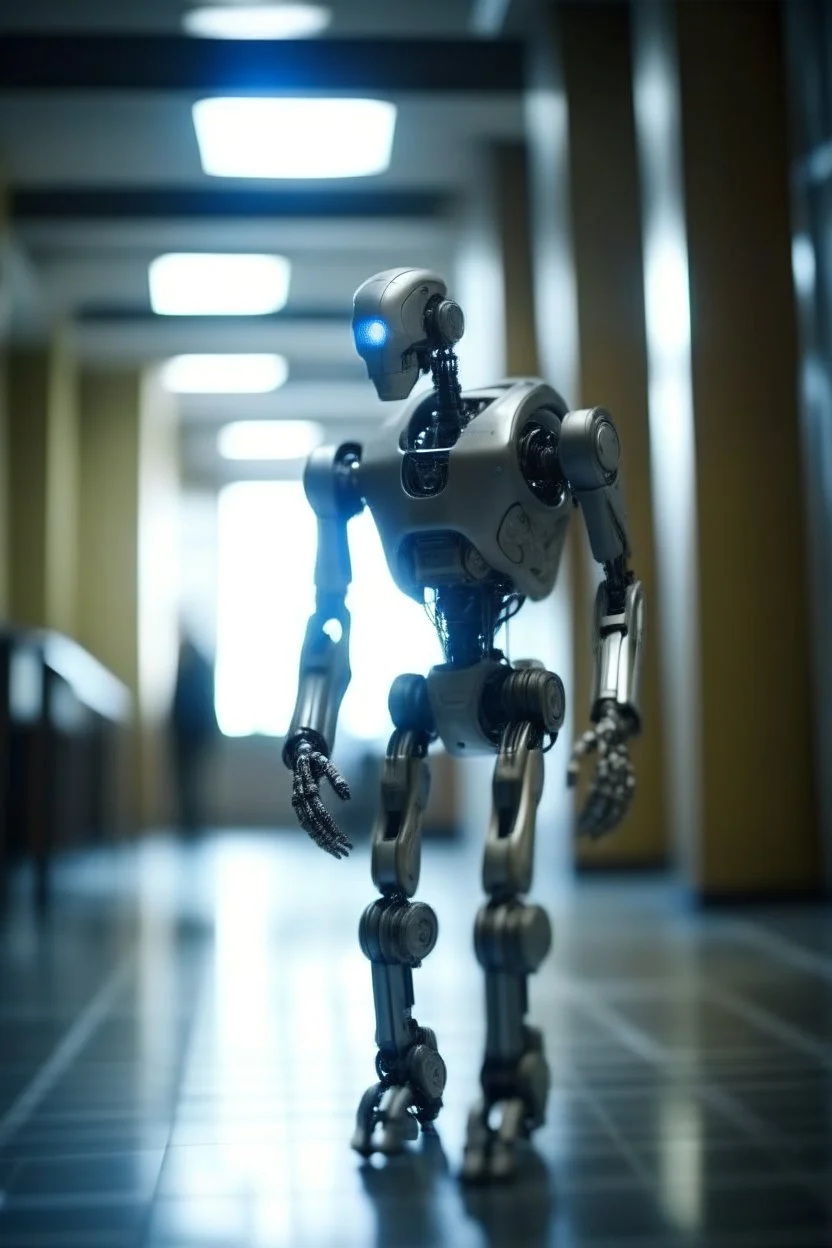 aging cyborg robot looking old, walking down hospital corridor using a walker, zeiss prime lens, bokeh like f/0.8, tilt-shift lens 8k, high detail, smooth render, down-light, unreal engine, prize winning